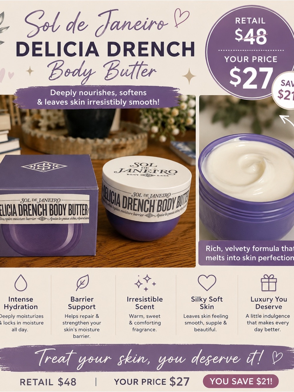 Sol de Janeiro Delicia Drench Body Butter - Purple Brand New Size 150 ml. Large